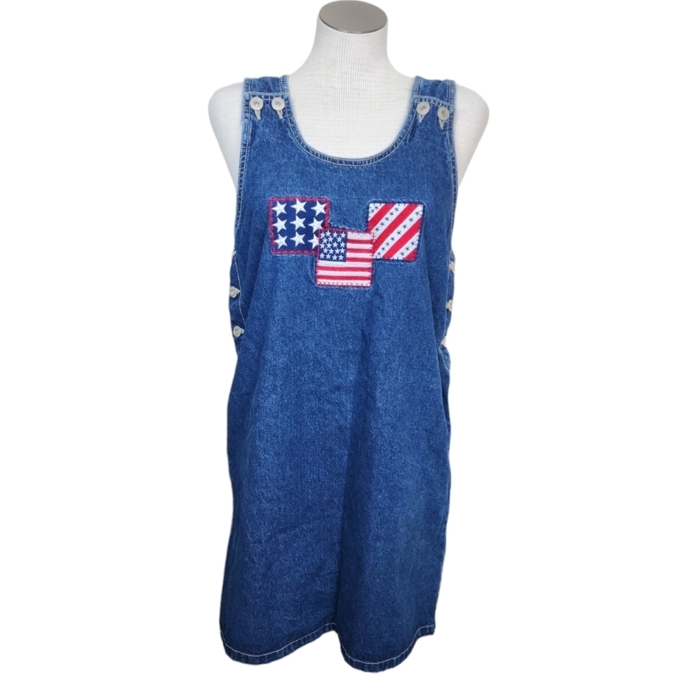 Sunshine Apparel Patriotic Dark Wash Blue Denim Overall Women's Dress Size M